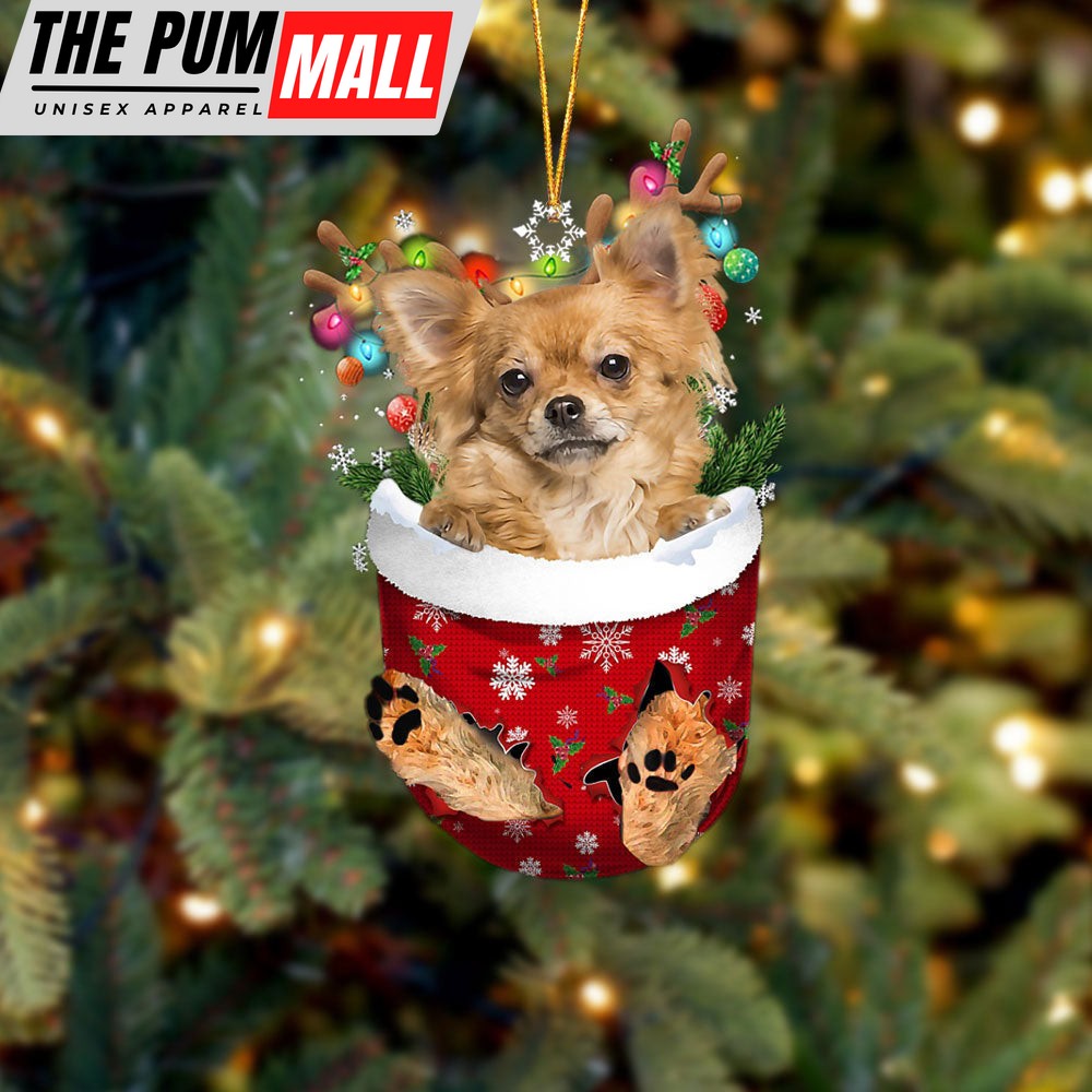 Long Haired Tan Chihuahua In Snow Pocket Christmas Ornament – Two Sided Christmas Plastic Hanging Limited Edition