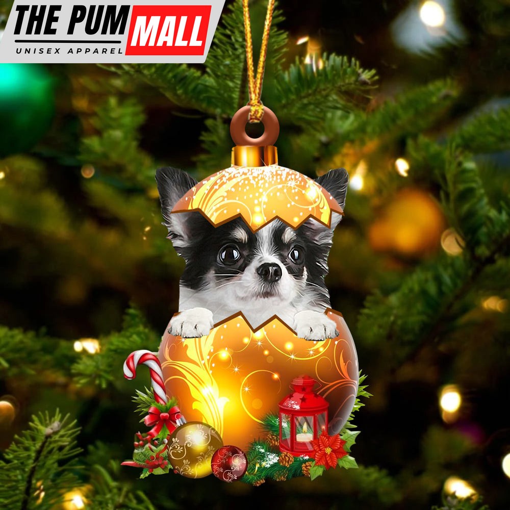 Long Haired White Chihuahua In Golden Egg Christmas Ornament – Car Ornament – Unique Dog Gifts For Owners Limited Edition