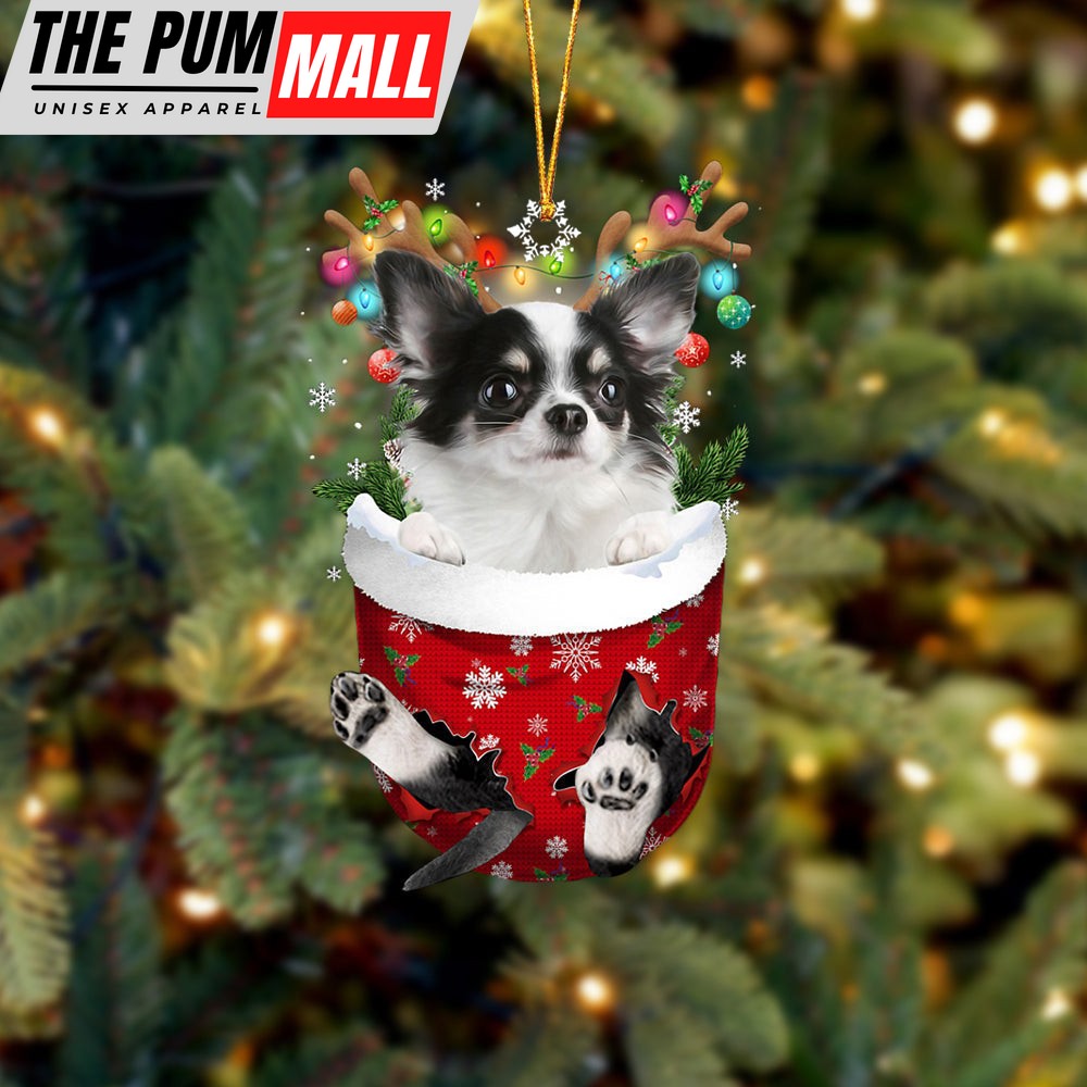 Long Haired White Chihuahua In Snow Pocket Christmas Ornament – Two Sided Christmas Plastic Hanging Limited Edition
