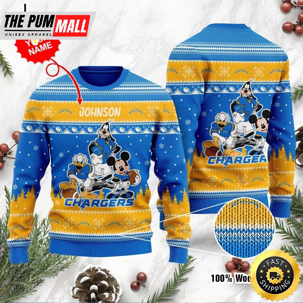 Los Angeles Chargers Disney Donald Duck Mickey Mouse Goofy Personalized Ugly Christmas Sweater Perfect Holiday Gift