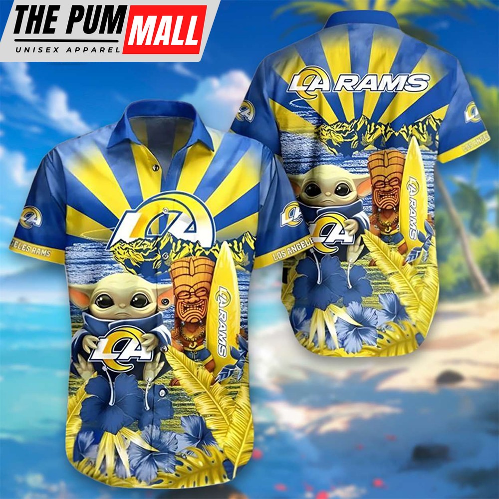 Los Angeles Rams Baby Yoda Tiki Style Tropical Button Up Shirt