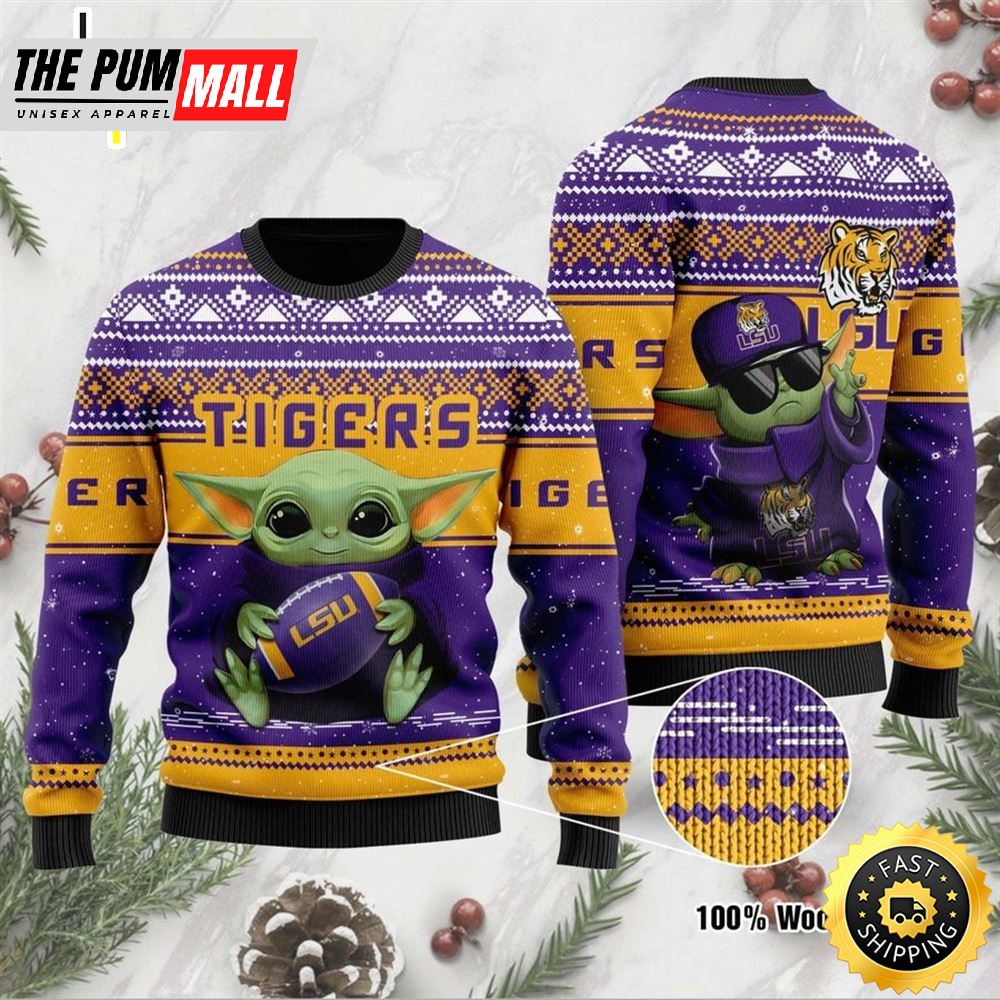 LSU Tigers Grogu Baby Yoda Hug Logo Ugly Christmas Sweater