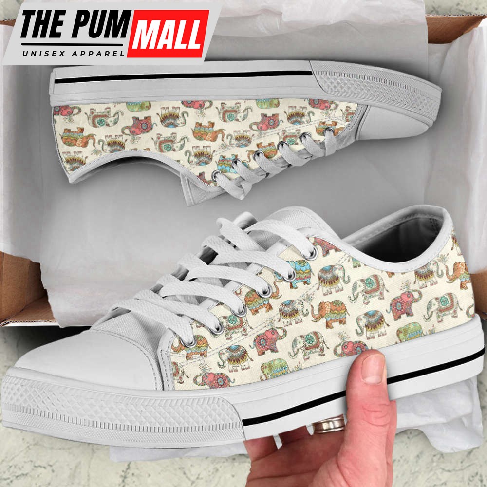 Lucky Elephant Patterns Vintage Low Top Canvas Print Shoes