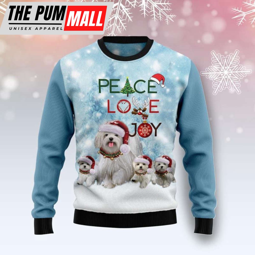 Maltese Dog Peace Love Joy Ugly Christmas Sweater, Maltese Dog Peace Love Joy 3D All Over Printed Sweater For Christmas Day
