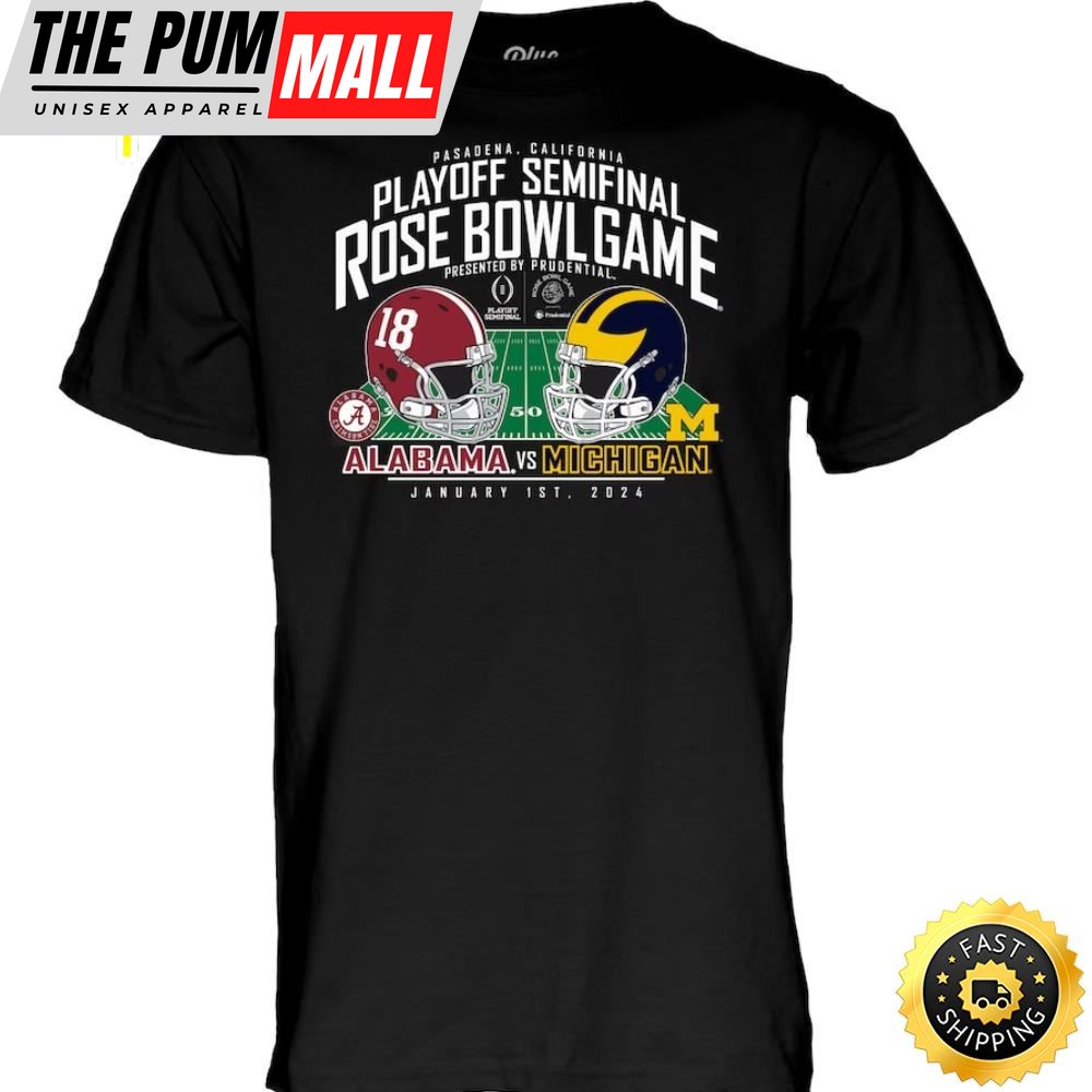 Mens Blue 84 Black Michigan Wolverines Vs. Alabama Crimson Tide College Football Playoff 2025 Rose Bowl Matchup T-Shirt