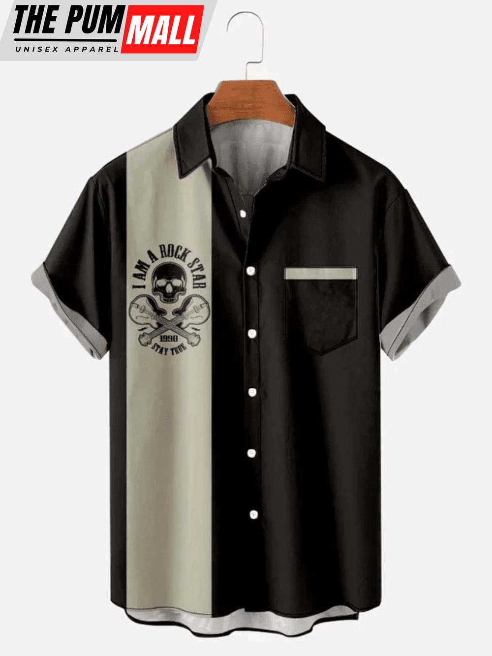 Men’s Retro Rock Guitar Casual Short Sleeve Bowling hawaiian Shirt