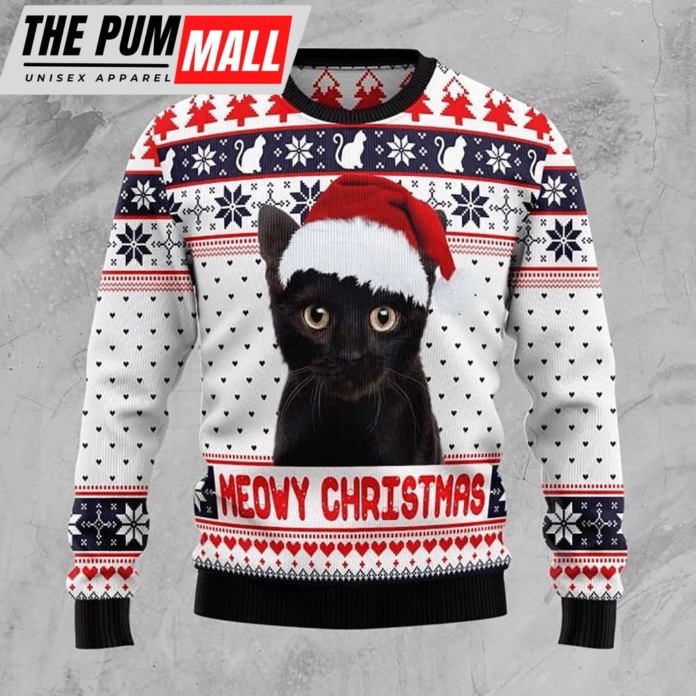 Meowy Black Cat Christmas White Sweater, Best Gift For Christmas 2023