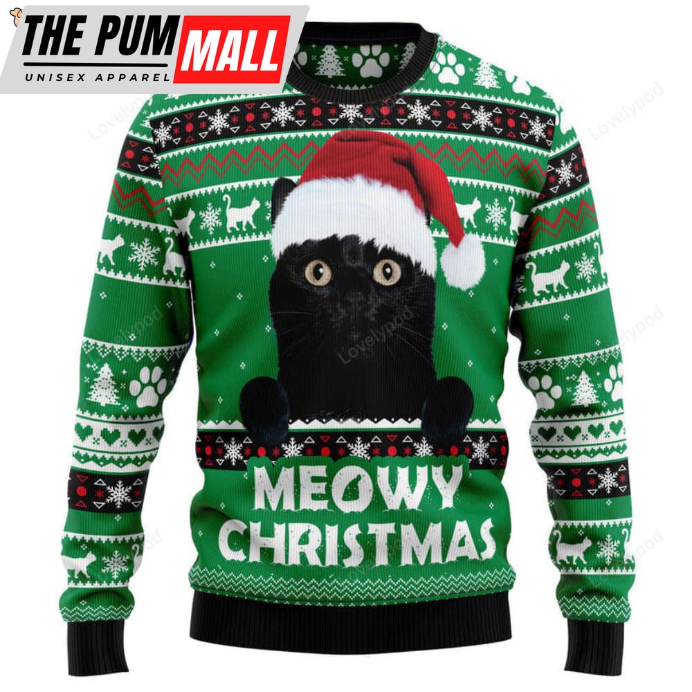 Meowy Black Cat Ugly Christmas Sweater, Black cat sweatshirt, Christmas gift