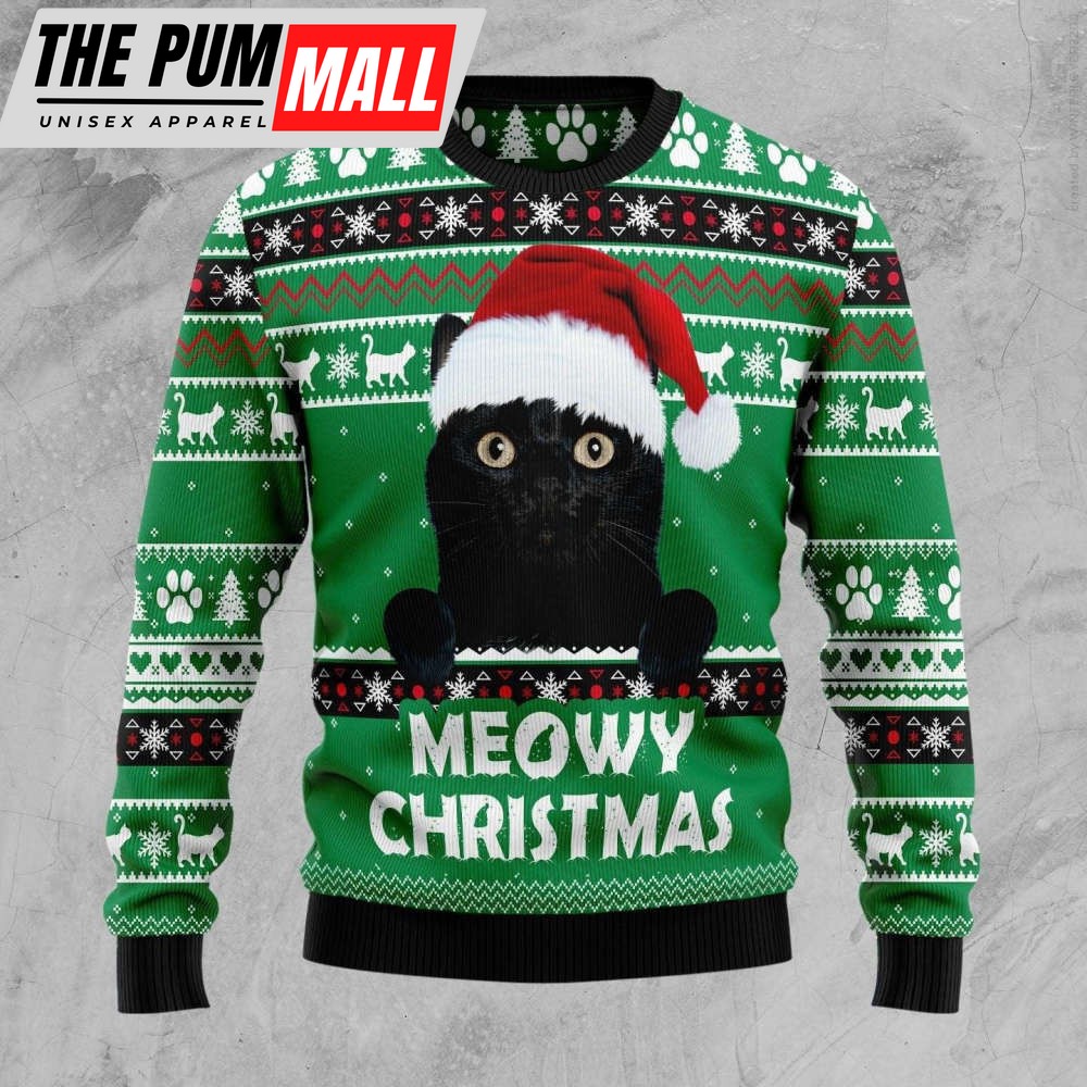 Meowy Black Cat Ugly Christmas Sweater For Men And Women, Meowy Black Cat