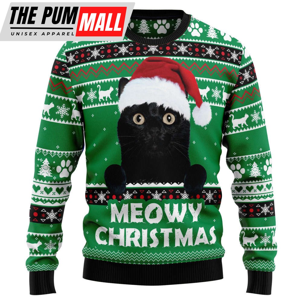 Meowy Black Cat Ugly Christmas Sweater