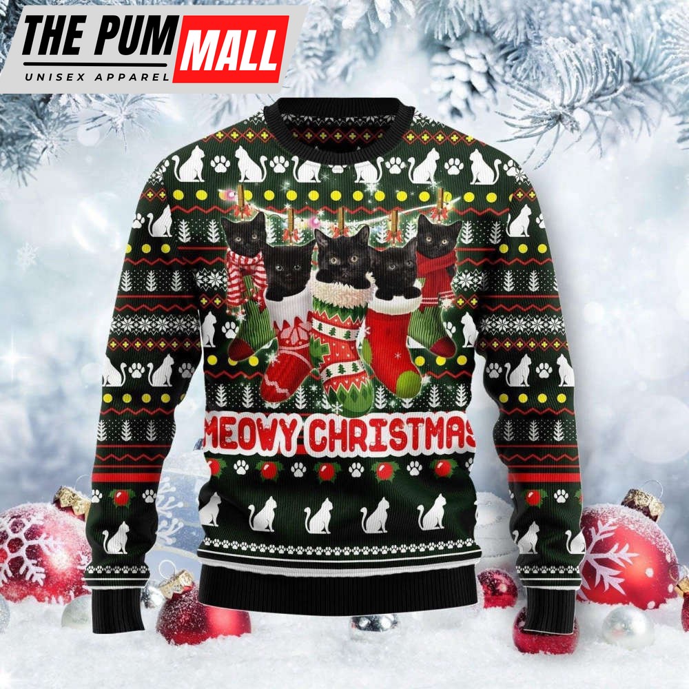 Meowy Christmas Black Cat Ugly Christmas Sweater, Meowy Christmas Black Cat Gift For Christmas