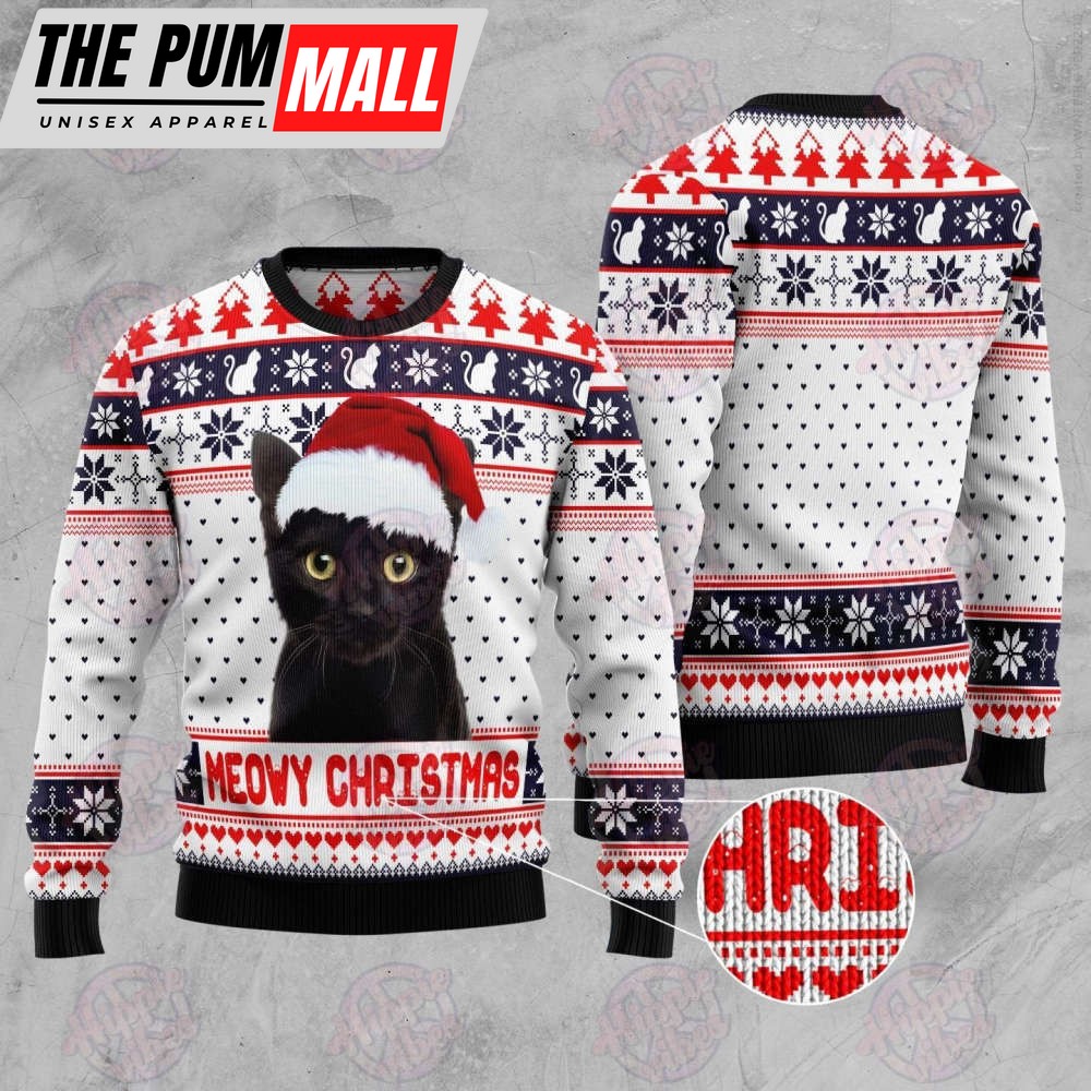 Meowy Christmas Ugly Sweater Black Cat Christmas Sweater Knitted Sweater Wool Sweater Christmas Gift For Cat Lovers