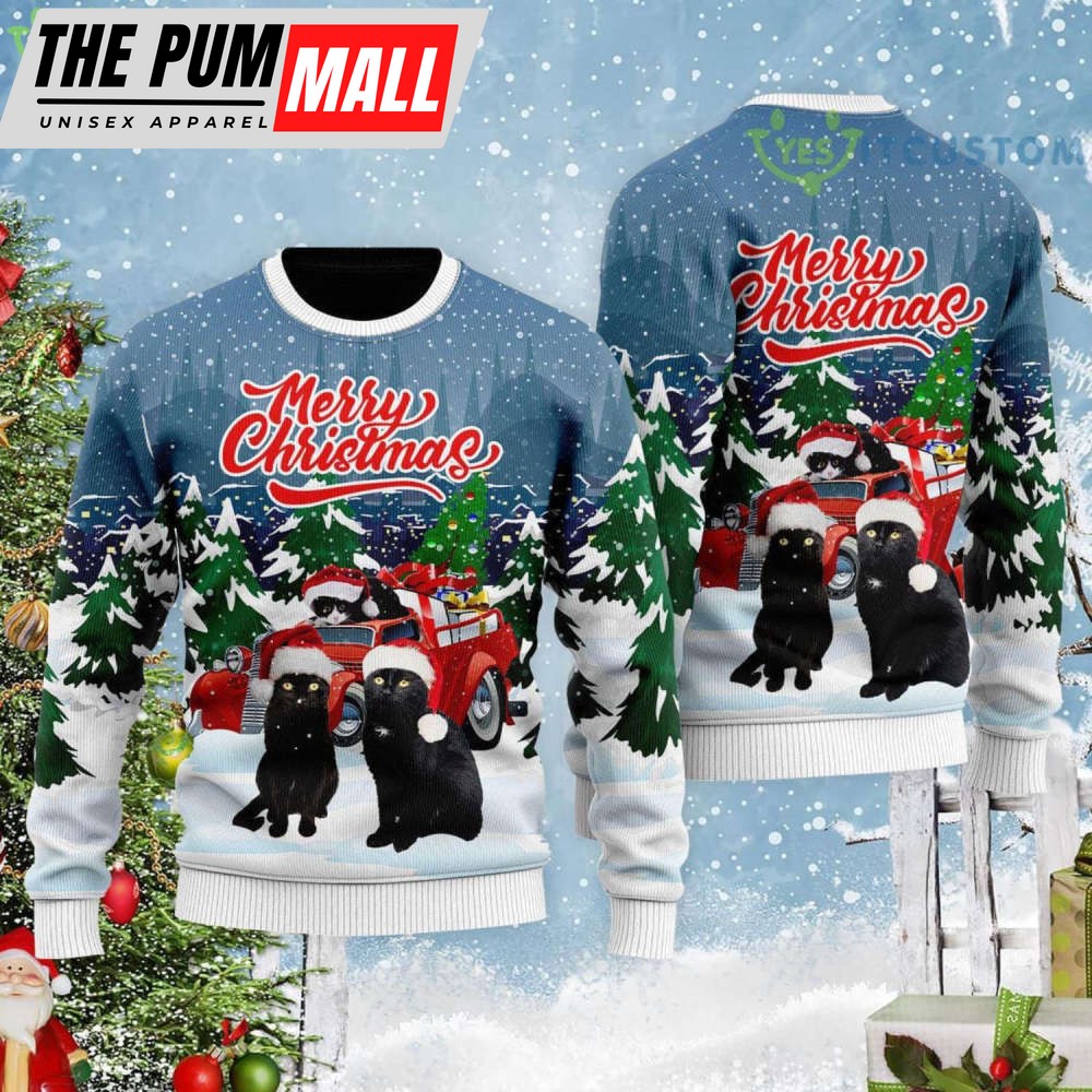 Merry Christmas Black Cat And Red Car Christmas Gift Ugly Christmas Sweater – Christmass Gift