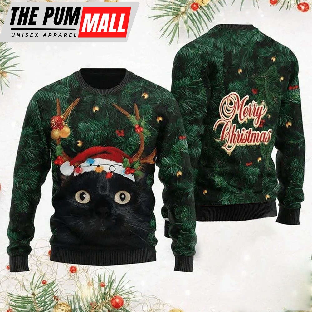 Merry Christmas Black Cat In Pine Tree Christmas Ugly Sweater, Gift Christmas
