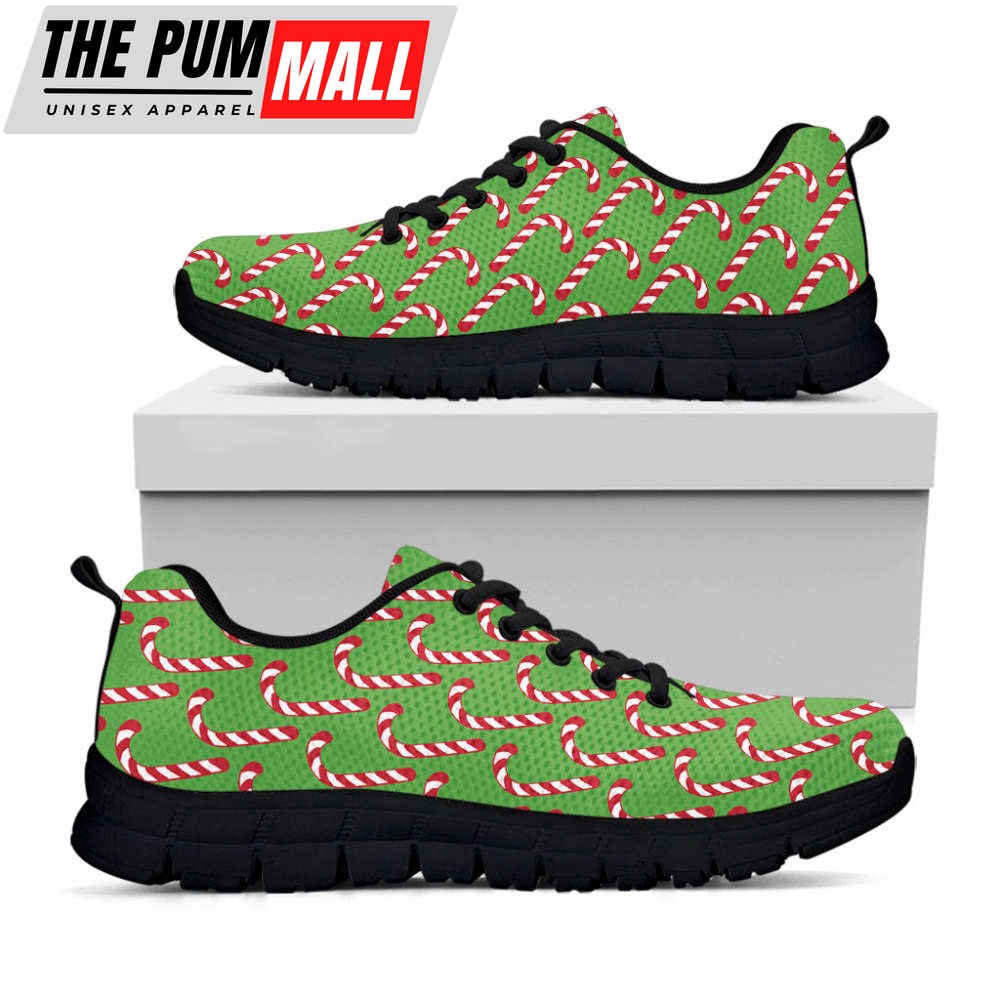 Merry Christmas Candy Cane Pattern Print Black Running Shoes, Gift For Men And Women