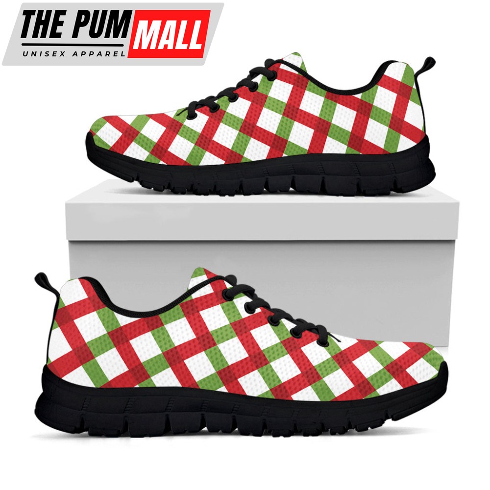 Merry Christmas Checkered Pattern Print Black Running Shoes, Gift For Men And Women