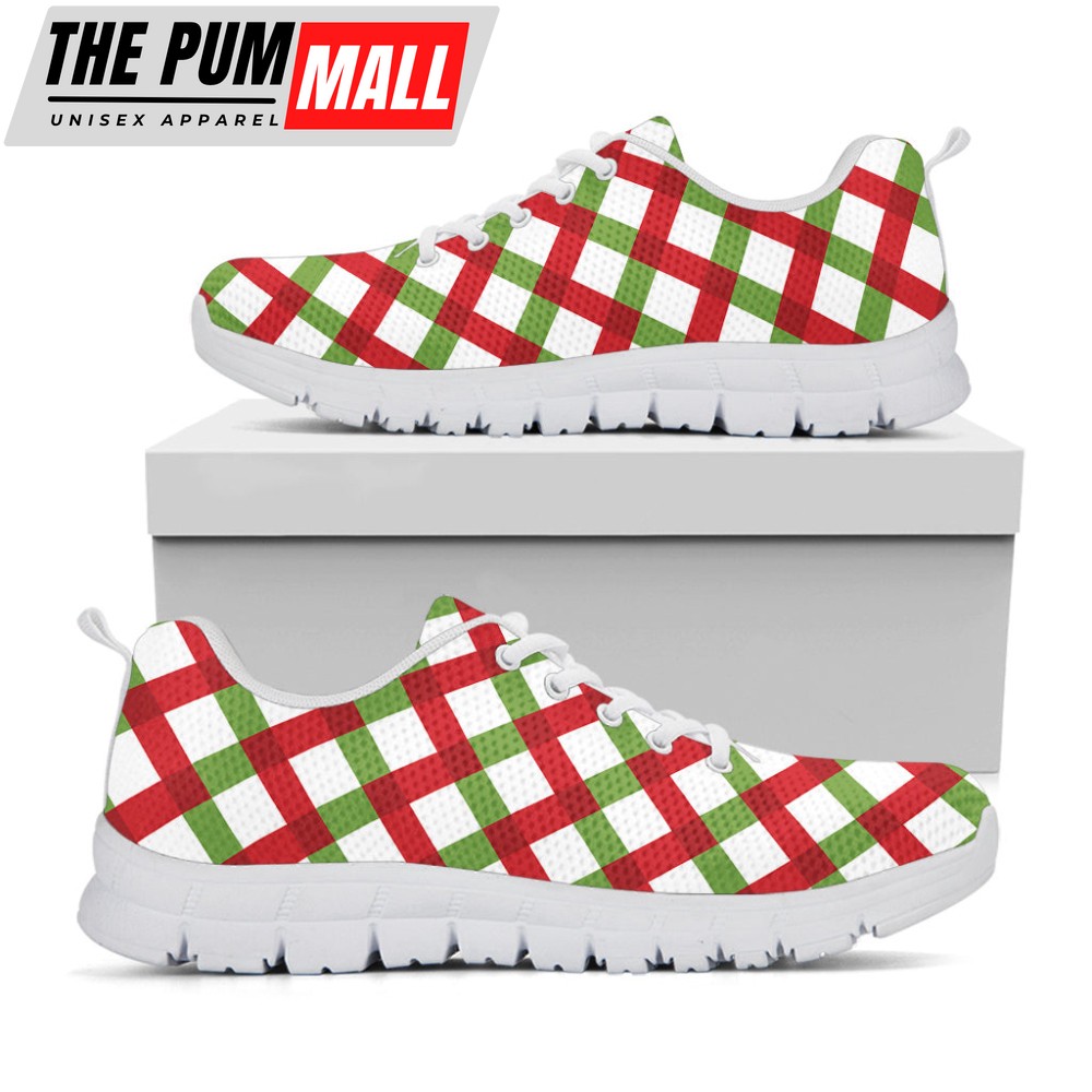 Merry Christmas Checkered Pattern Print White Running Shoes, Gift For Men And Women