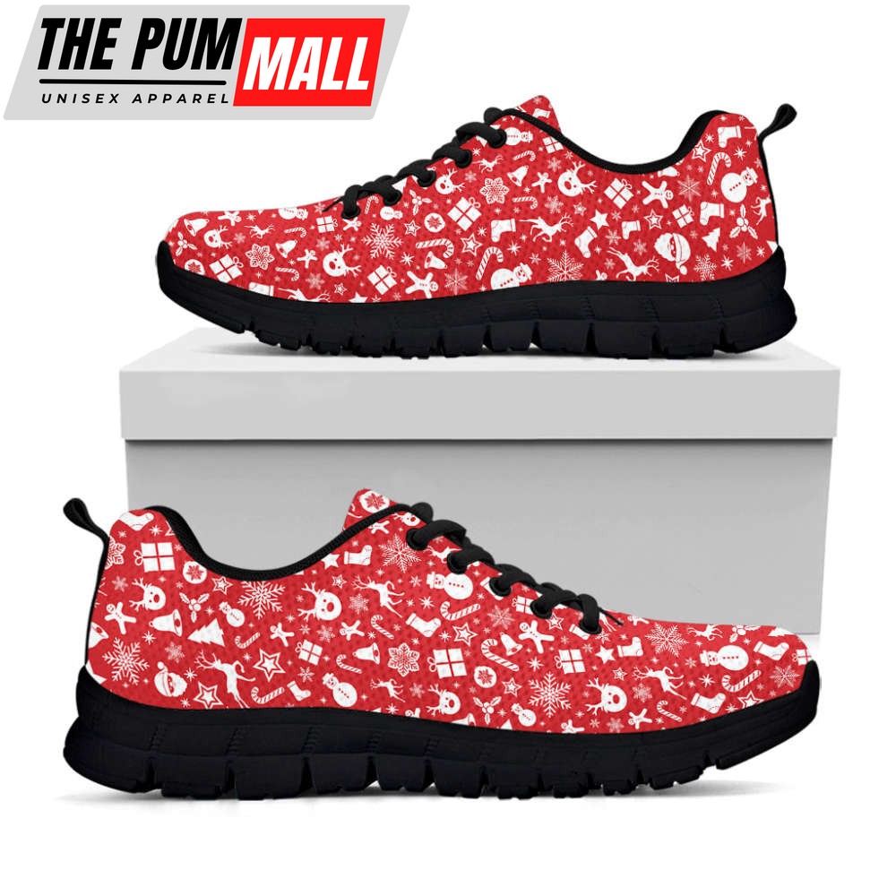 Merry Christmas Elements Pattern Print Black Running Shoes, Gift For Men And Women