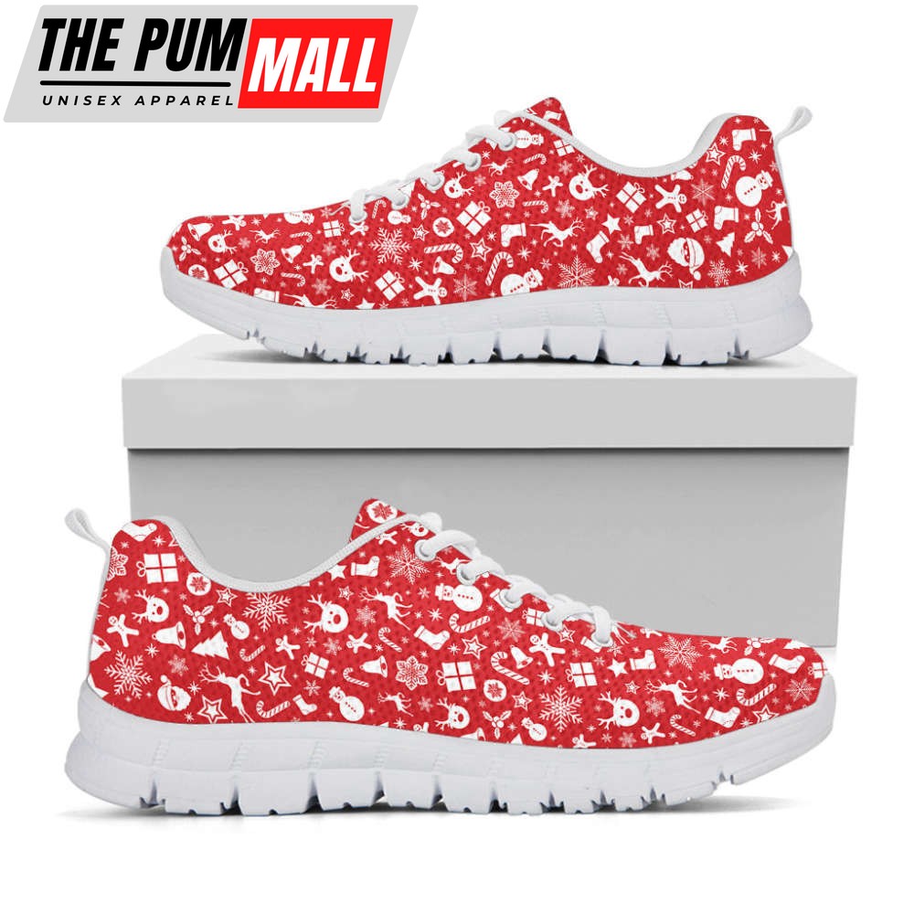 Merry Christmas Elements Pattern Print White Running Shoes, Gift For Men And Women