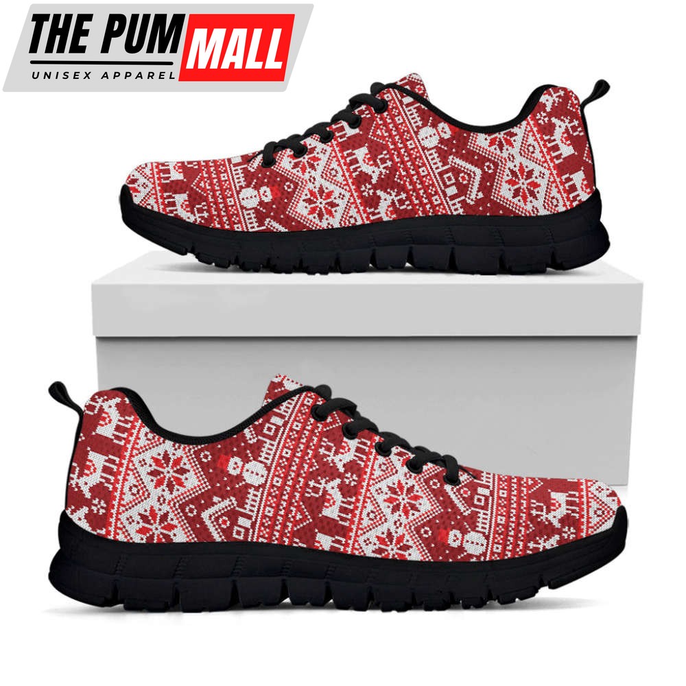 Merry Christmas Knitted Pattern Print Black Running Shoes, Gift For Men And Women