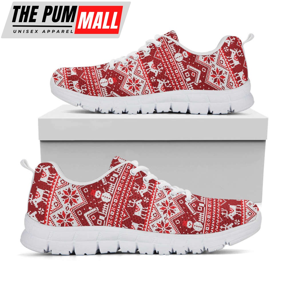 Merry Christmas Knitted Pattern Print White Running Shoes, Gift For Men And Women