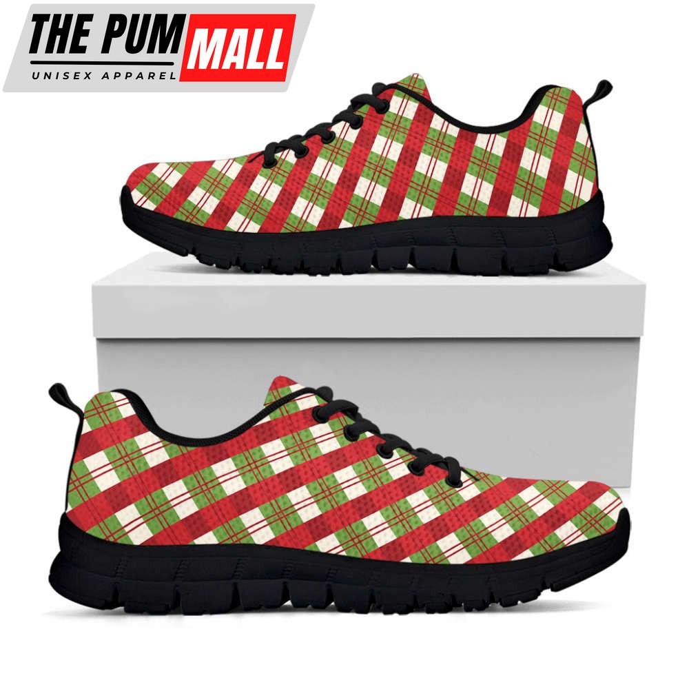 Merry Christmas Plaid Pattern Print Black Running Shoes, Gift For Men And Women