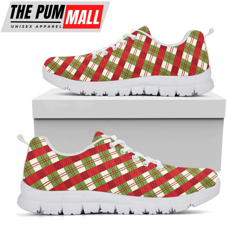 Merry Christmas Plaid Pattern Print White Running Shoes, Gift For Men And Women