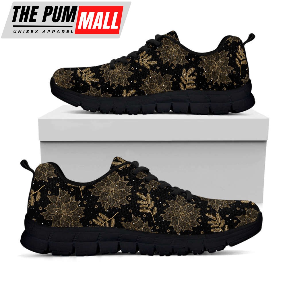 Merry Christmas Poinsettia Pattern Print Black Running Shoes, Gift For Men And Women
