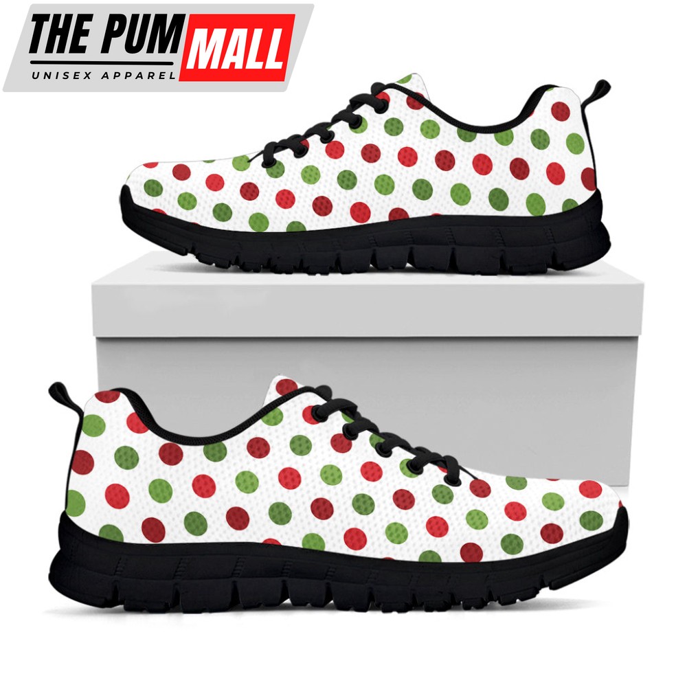 Merry Christmas Polka Dot Pattern Print Black Running Shoes, Gift For Men And Women