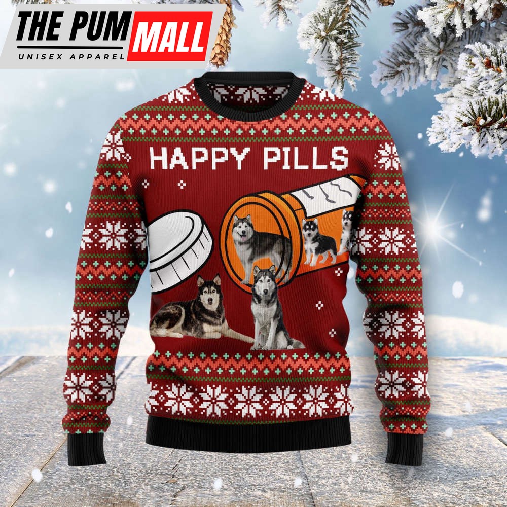 Merry Christmas Siberian Husky Happy Pills Ugly Christmas Sweater, Gift For Christmas