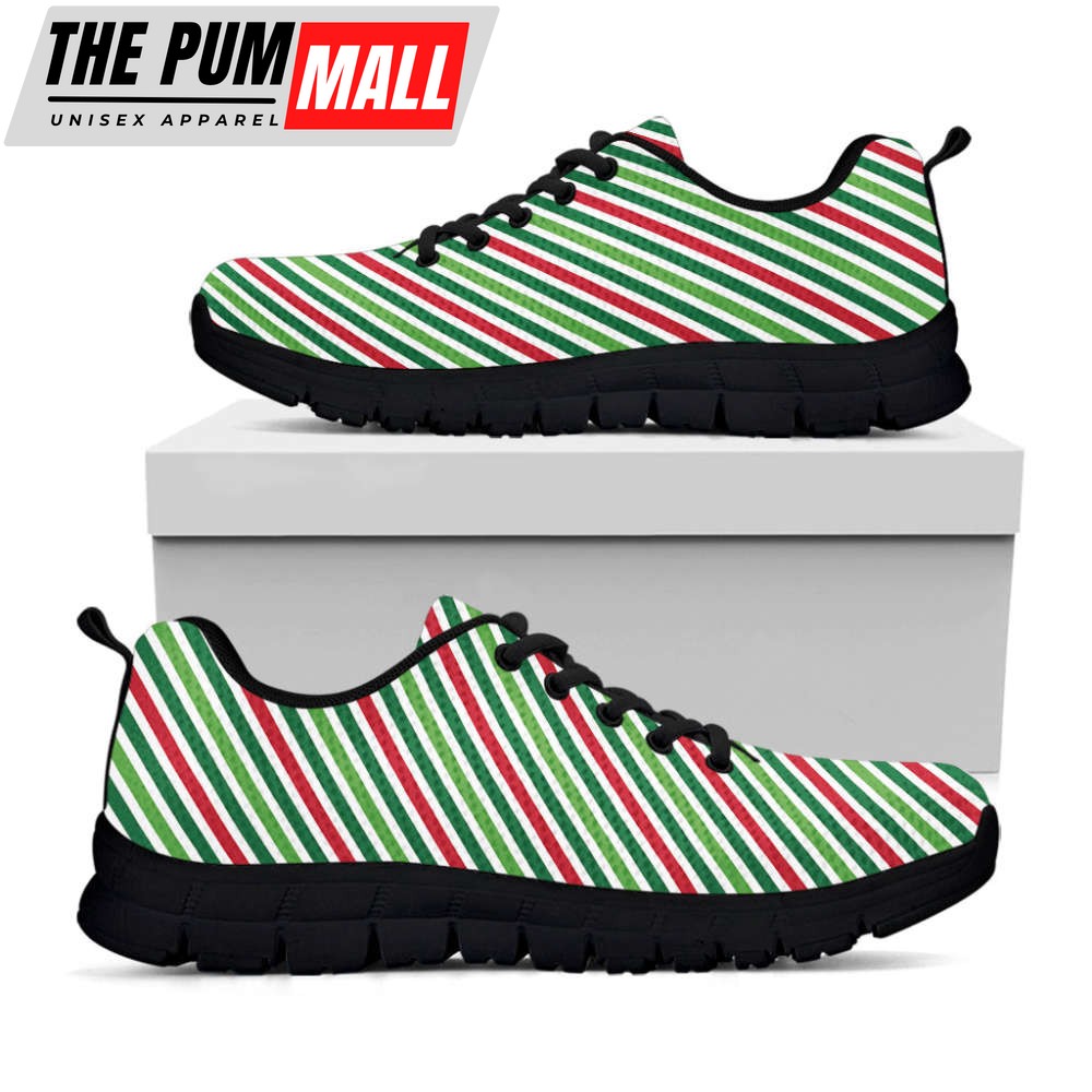 Merry Christmas Stripes Pattern Print Black Running Shoes, Gift For Men And Women