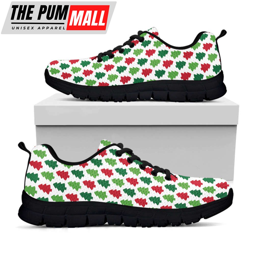Merry Christmas Tree Pattern Print Black Running Shoes, Gift For Men And Women