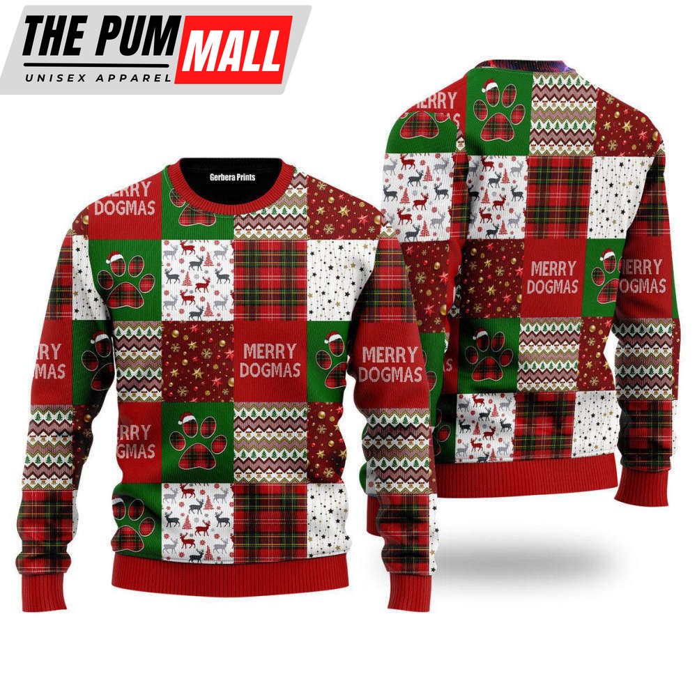 Merry Dogmas Paws Patchwork Pattern Ugly Christmas Sweater For Men & Women