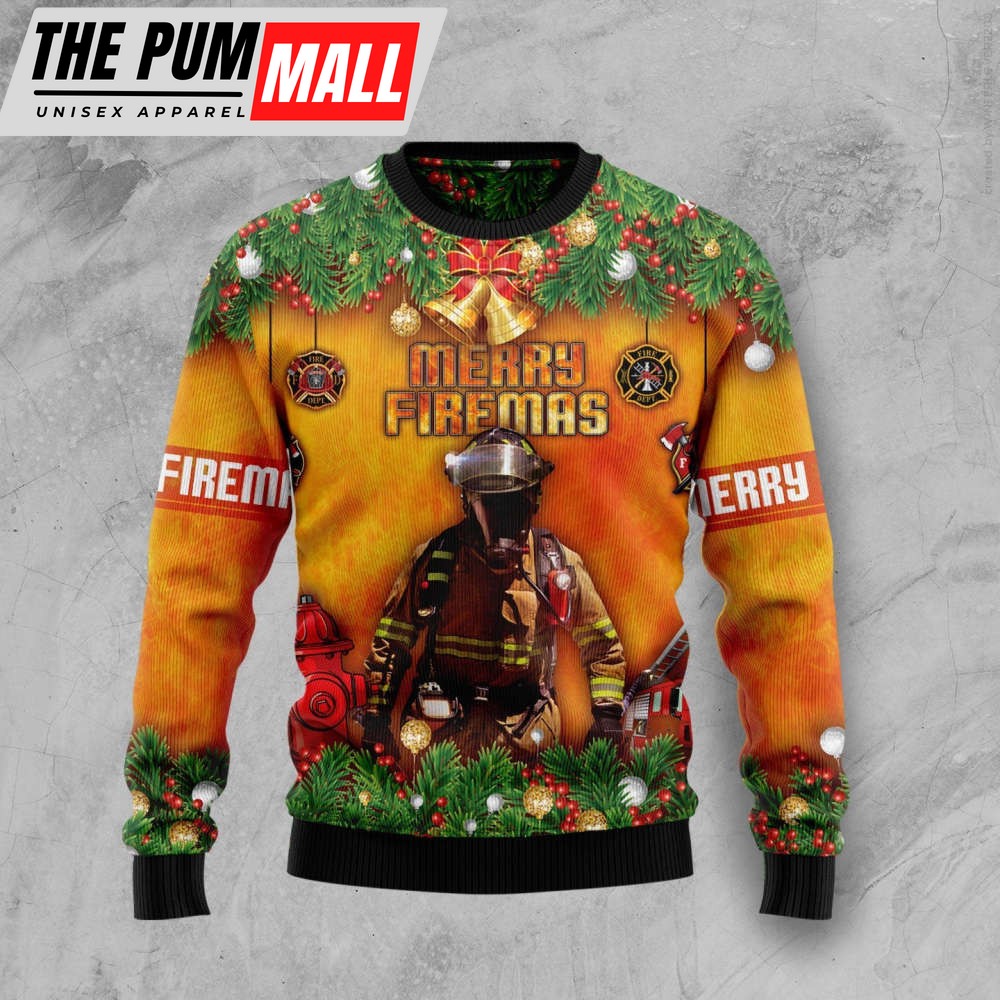 Merry Firemas Firefighter Bulldog Ugly Christmas Sweater