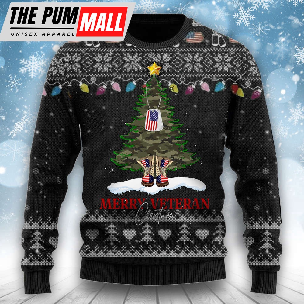 Merry Veteran Christmas Sweater Combat Boots Dog Tag Christmas Tree Ugly Sweater Gift