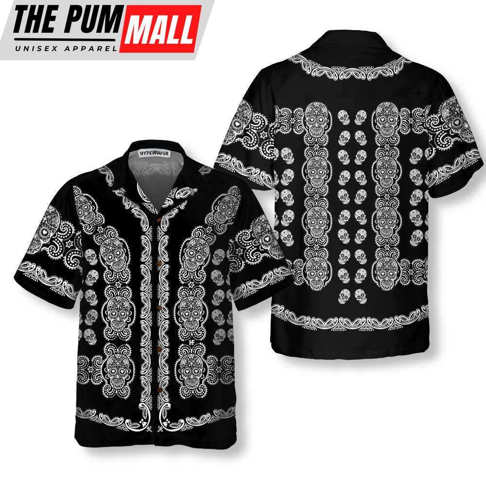 Mexican Hawaiian Shirt, Black And White Sugar Skull Calavera Hawaiian Shirt, Day Of The Dead Mexican Skull Shirt
