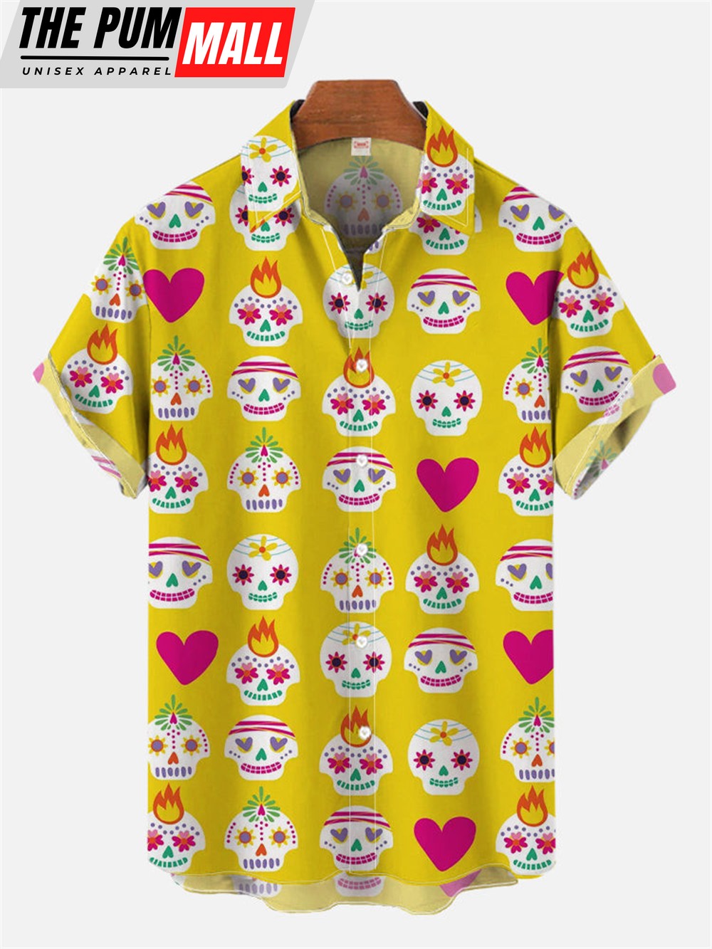 Mexican Hawaiian Shirt, Bright Yellow Hawaiian Ethnic Style Mexican Skulls Hawaiian Shirt