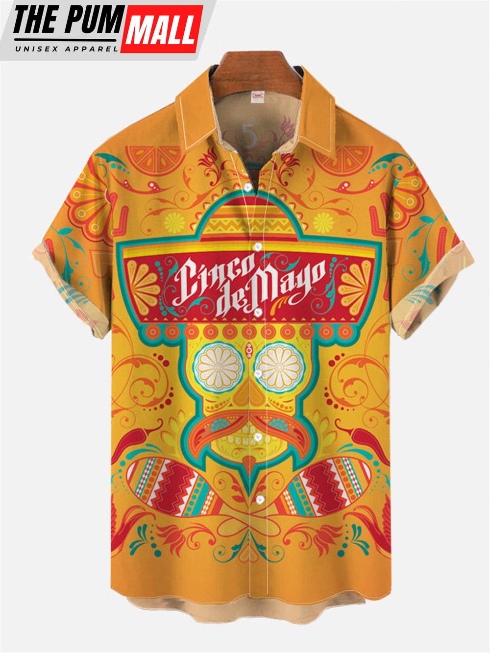 Mexican Hawaiian Shirt, Casual Yellow Cinco De Mayo Exotic Mexican Style Skull Hawaiian Shirt