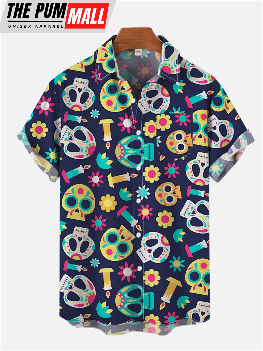 Mexican Hawaiian Shirt, Cinco de Mayo Colorful Floral Skulls and Candles Printing Breast Hawaiian Shirt