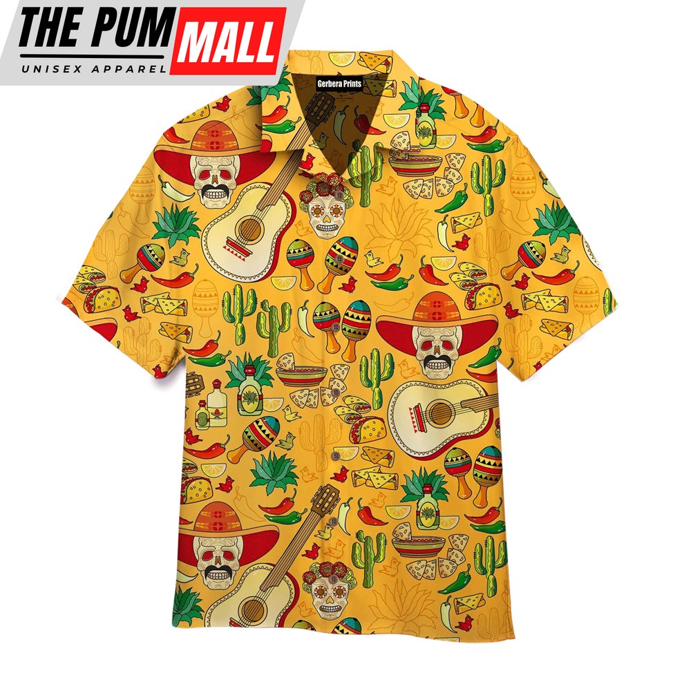 Mexican Hawaiian Shirt, Cinco De Mayo Mexican Party All Over Pattern Yellow Hawaiian Shirt