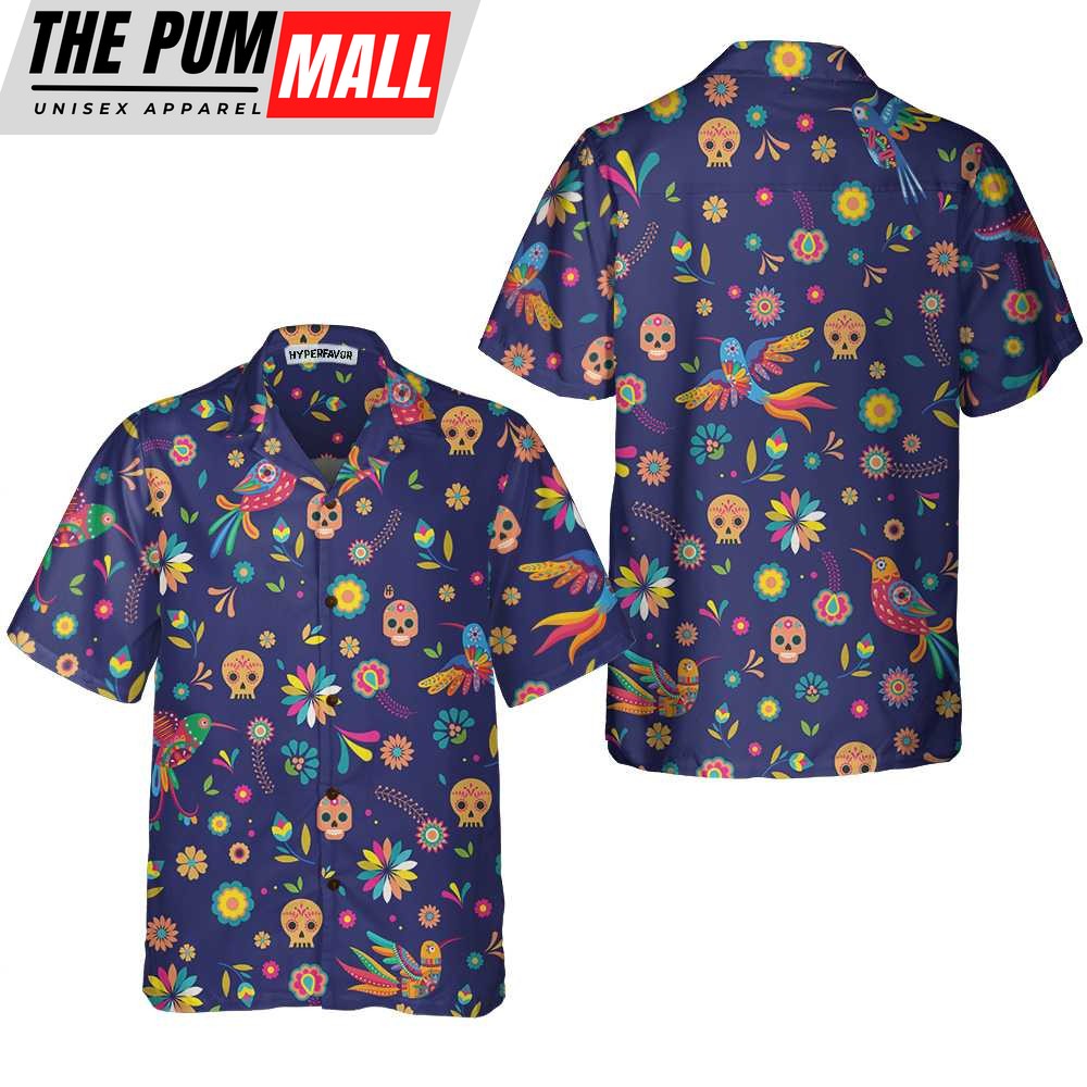 Mexican Hawaiian Shirt, Colorful Alebrijes Birds And Bright Floral Mexican Culture Hawaiian Shirt, Mexican Sugar Skull Shirt