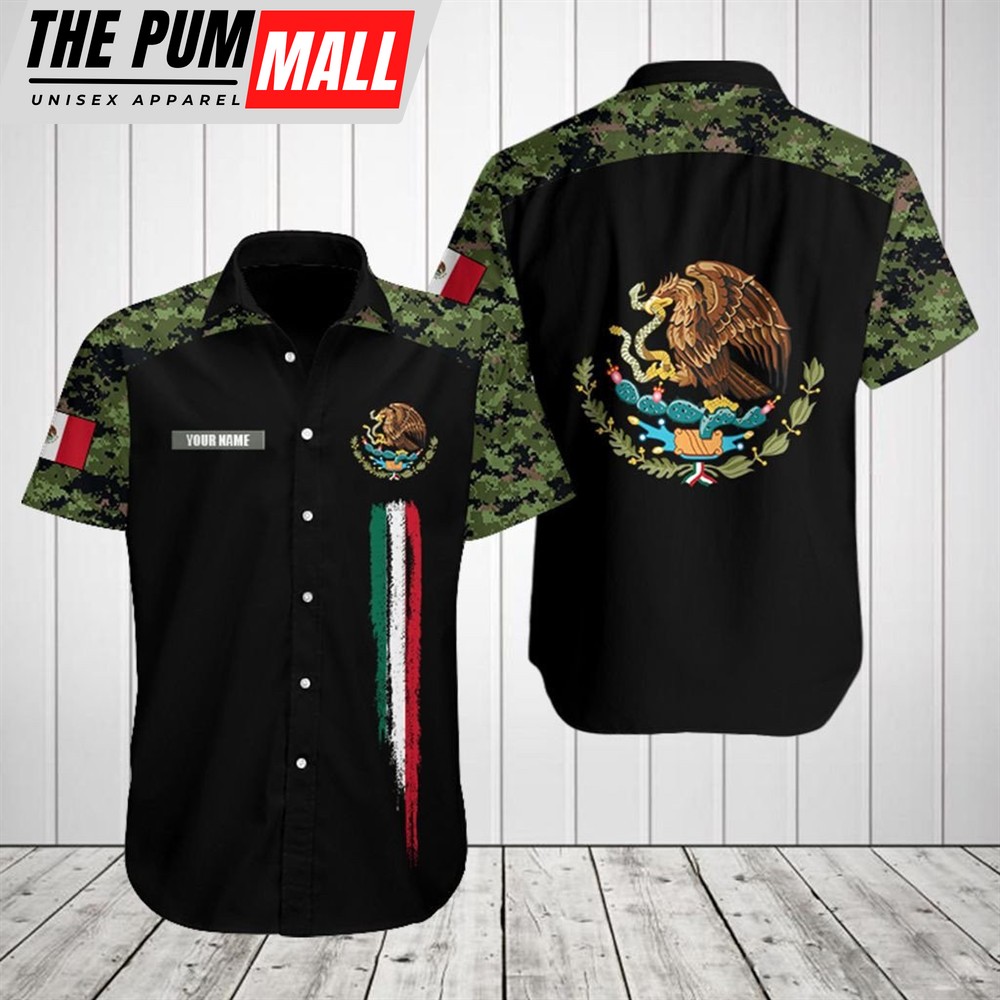 Mexican Hawaiian Shirt, Custom Name Mexico Coat Of Arms Flag Camo Hawaiian Shirt