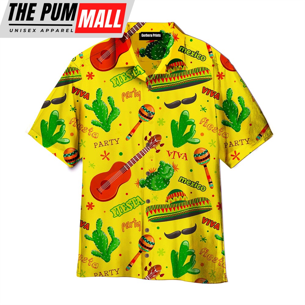 Mexican Hawaiian Shirt, Fiesta Party Mexico Sombrero Maraca Vihuela Cactus Pattern Yellow Hawaiian Shirt