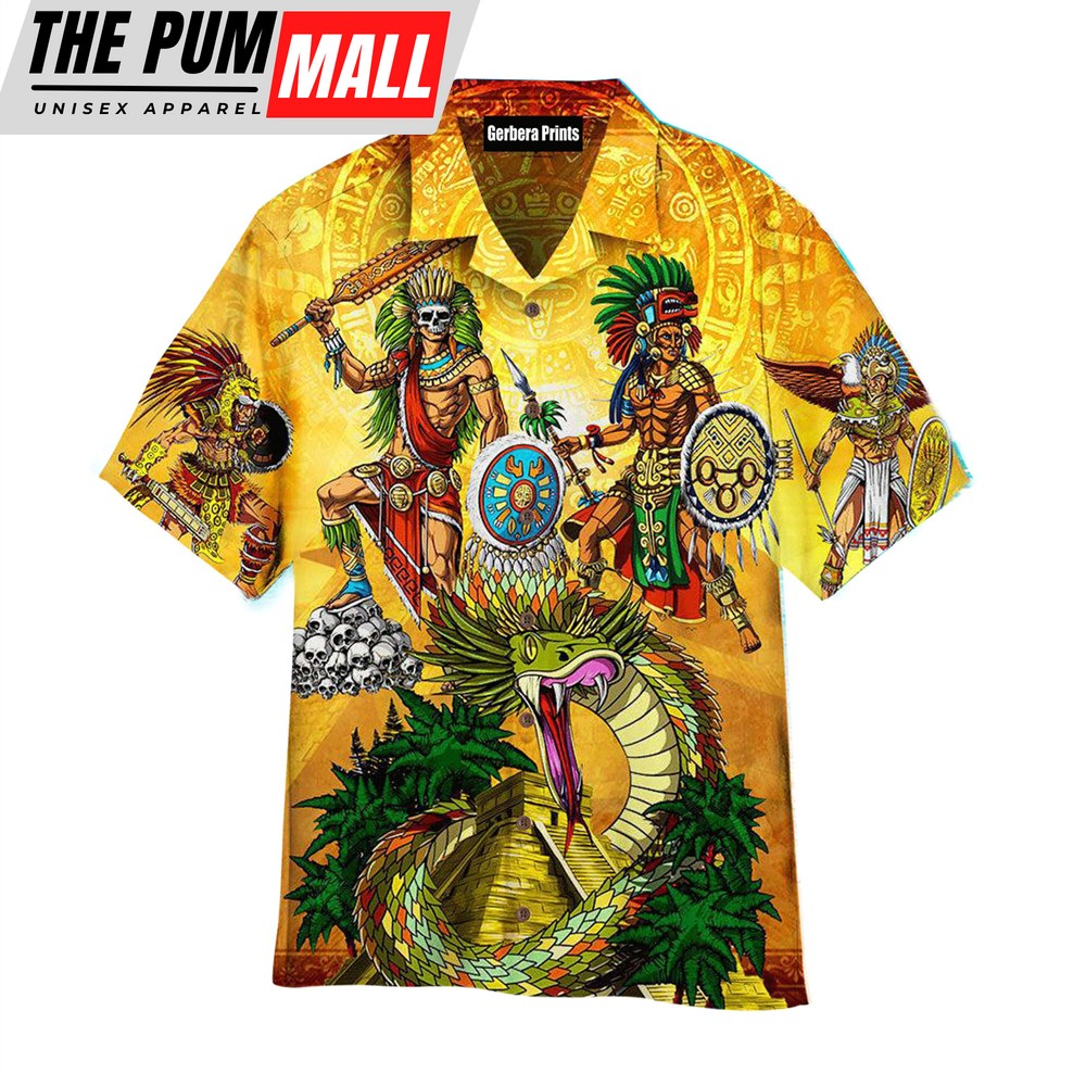 Mexican Hawaiian Shirt, Mexican Aztec Tribe Warrior Yellow Hawaiian Shirt