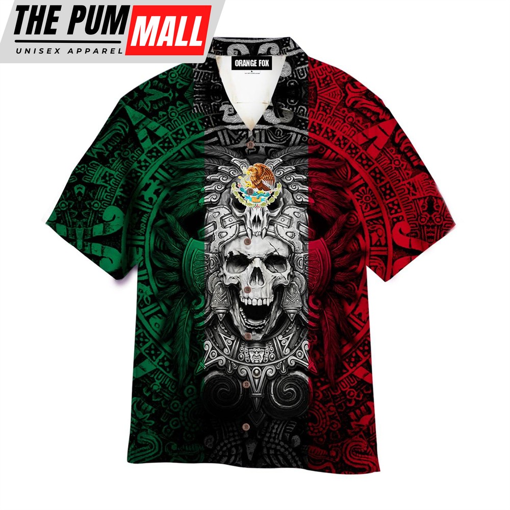 Mexican Hawaiian Shirt, Mexican Aztec Warrior Skull Green White And Red Hawaiian Shirt
