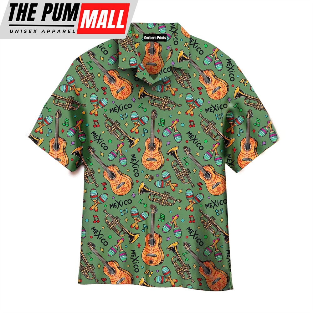 Mexican Hawaiian Shirt, Mexican Musical Instruments Guitar Green Hawaiian Shirt