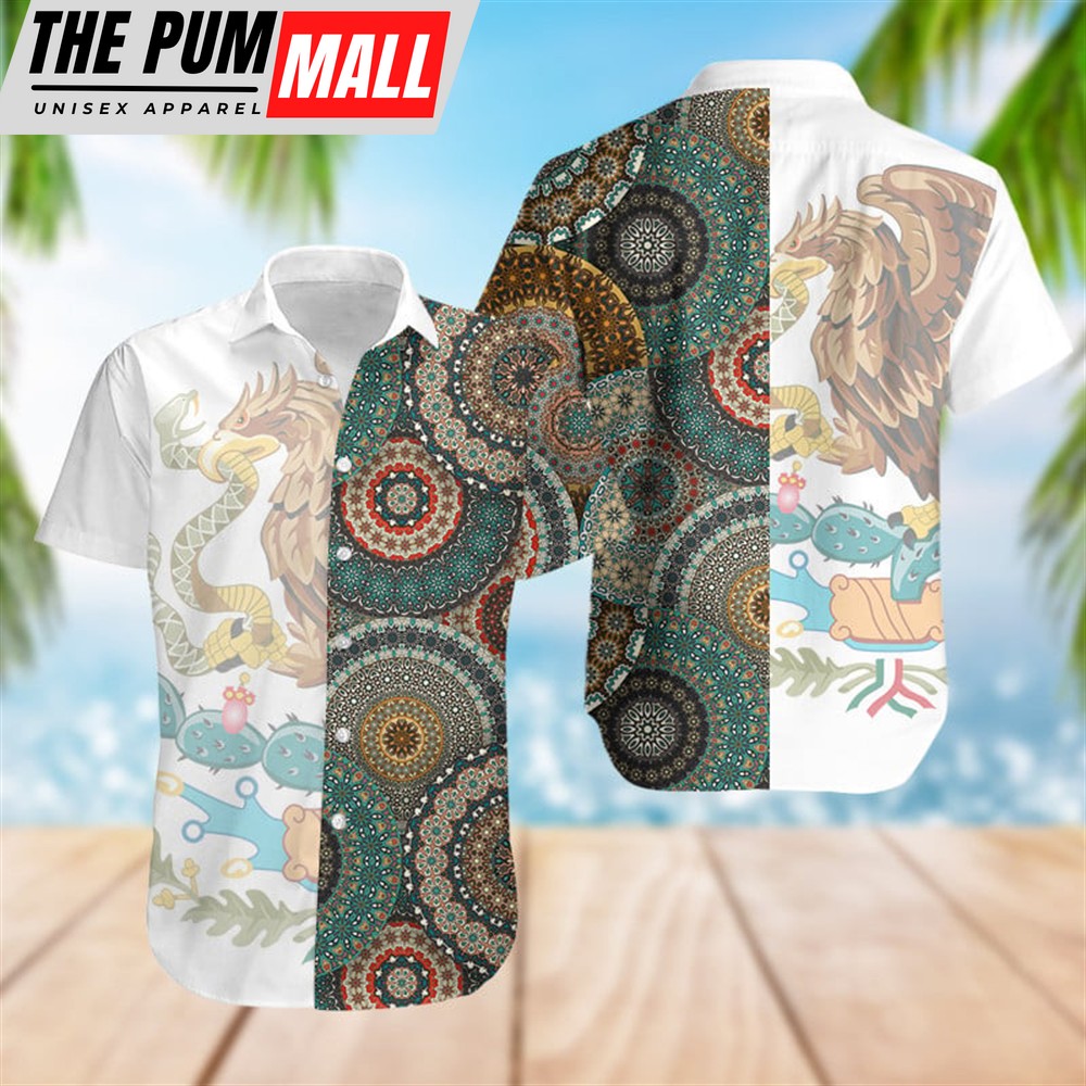 Mexican Hawaiian Shirt, Mexico Coat Of Arms Flag White Hawaiian Shirt