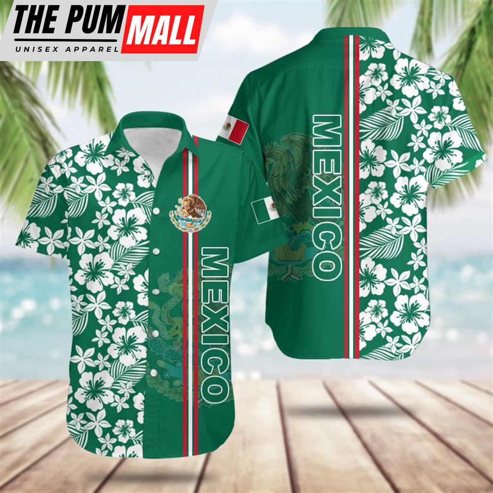 Mexican Hawaiian Shirt, Mexico Coat Of Arms Hibiscus Pattern Hawaiian Shirt