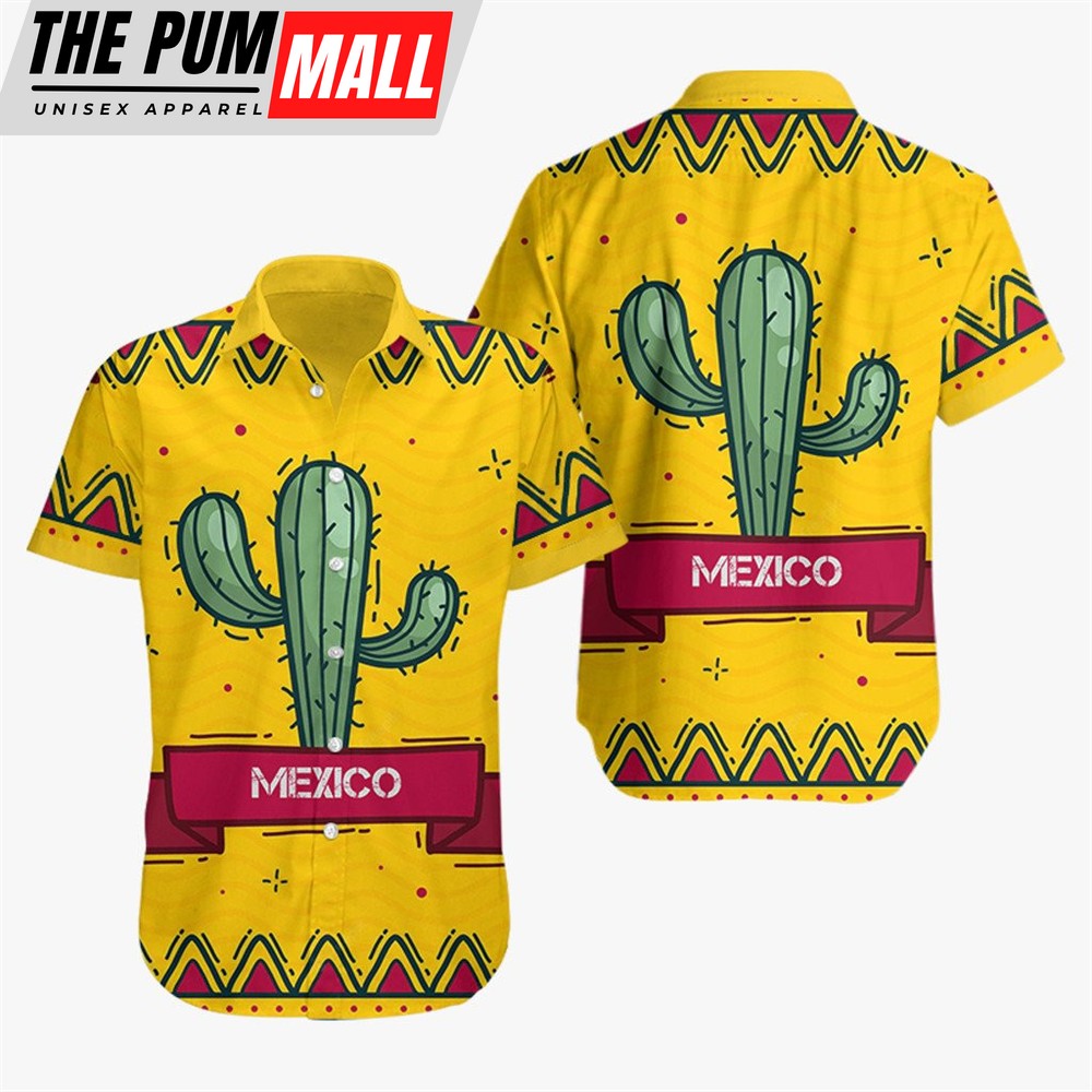 Mexican Hawaiian Shirt, Mexico Day Of The Dead Mexico Cactus Yellow Hawaiian Shirt