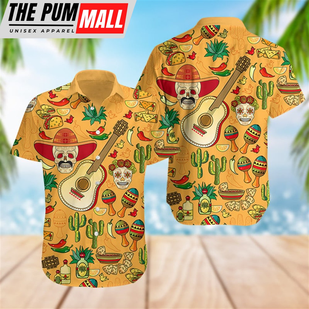 Mexican Hawaiian Shirt, Mexico Doodle Pattern Cactus Day Of The Dead Hawaiian Shirt